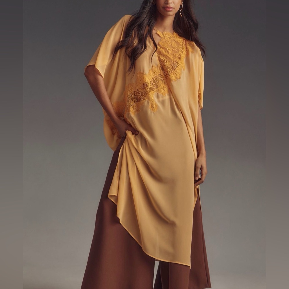 By Anthropologie Sheet Lace Kaftan Orange Peach One Size - Picture 2 of 11